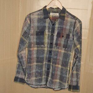 Ezekiel Blue Gold Plaid Grunge Bleached Look Long Sleeve Button Down Small